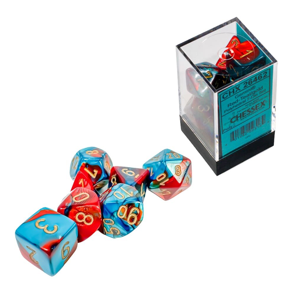Set 7 dadi poliedrici gemini"- red teal whit gold